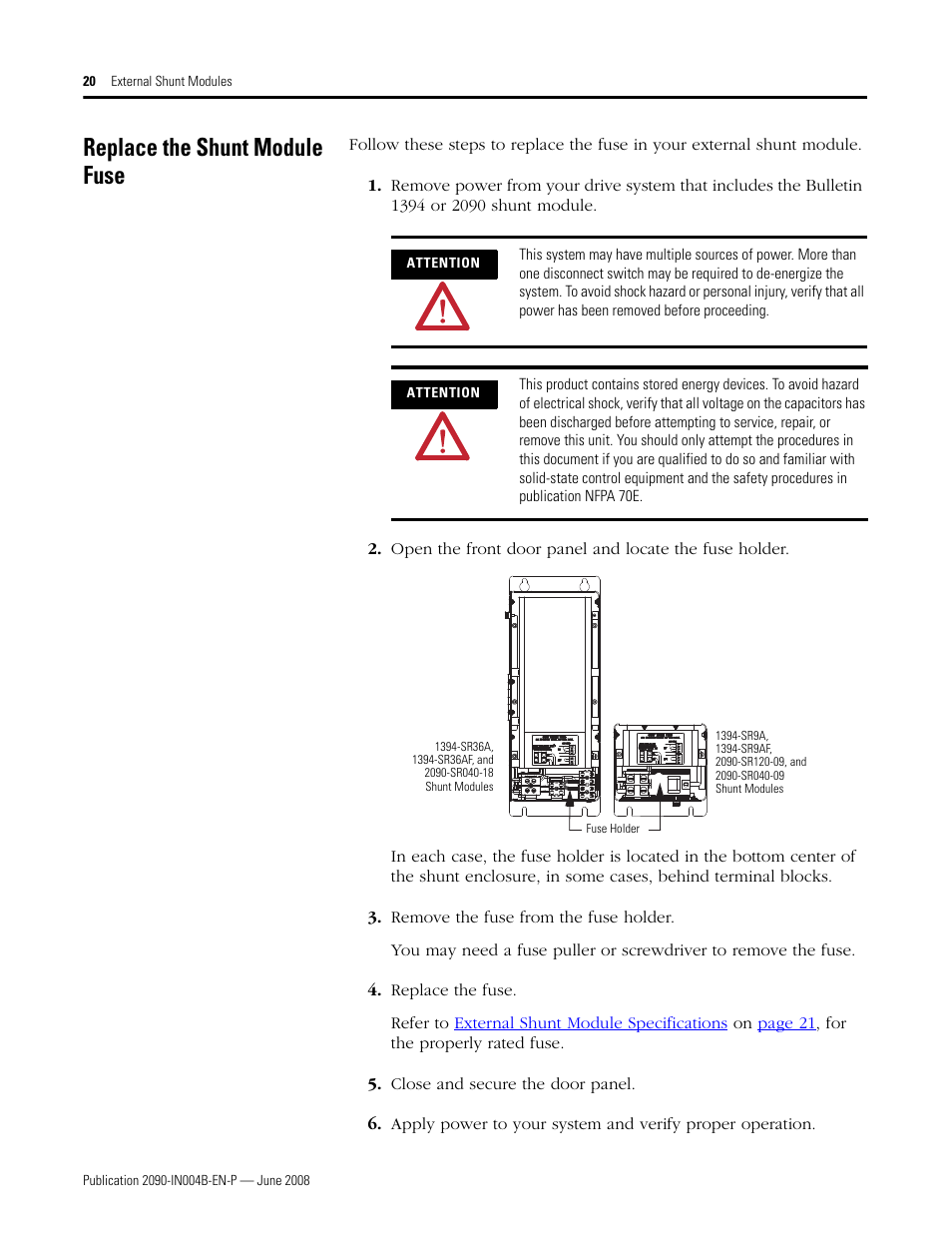 Replace the shunt module fuse | Rockwell Automation 2090-SRxxx External Shunt Modules Installation Instructions User Manual | Page 20 / 24