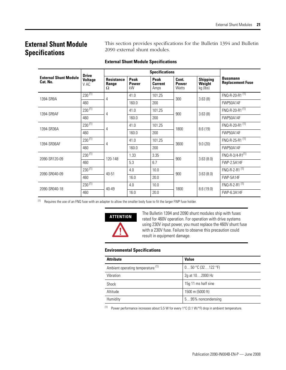 External shunt module specifications, Environmental specifications | Rockwell Automation 2090-SRxxx External Shunt Modules Installation Instructions User Manual | Page 21 / 24