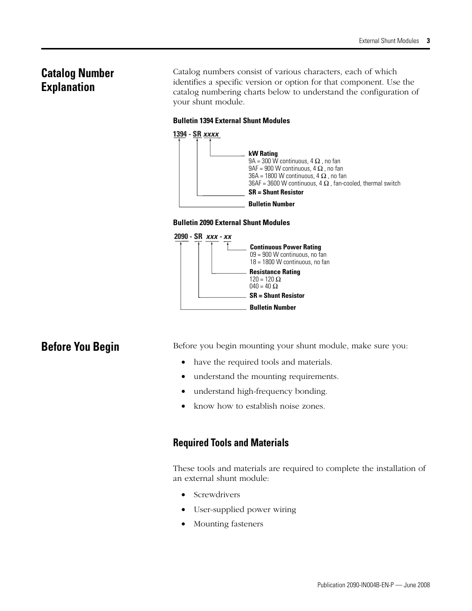 Catalog number explanation, Before you begin, Required tools and materials | Rockwell Automation 2090-SRxxx External Shunt Modules Installation Instructions User Manual | Page 3 / 24