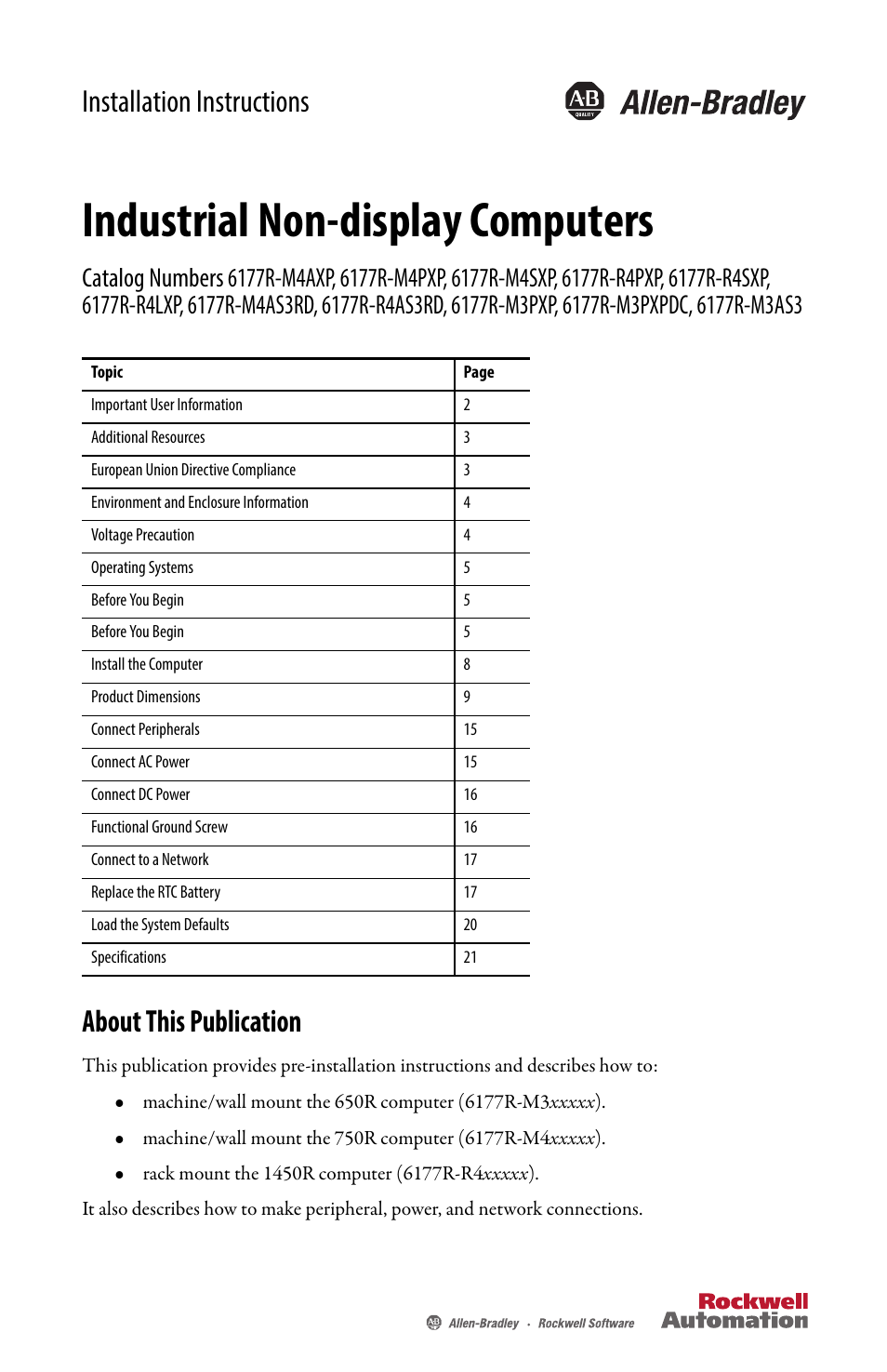 Rockwell Automation 6177R-Mxxx Industrial Non-display Computers User Manual | 24 pages