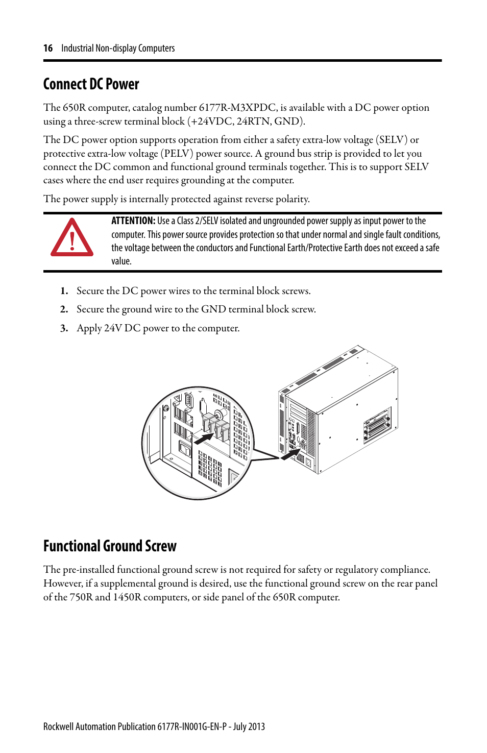 Connect dc power, Functional ground screw | Rockwell Automation 6177R-Mxxx Industrial Non-display Computers User Manual | Page 16 / 24