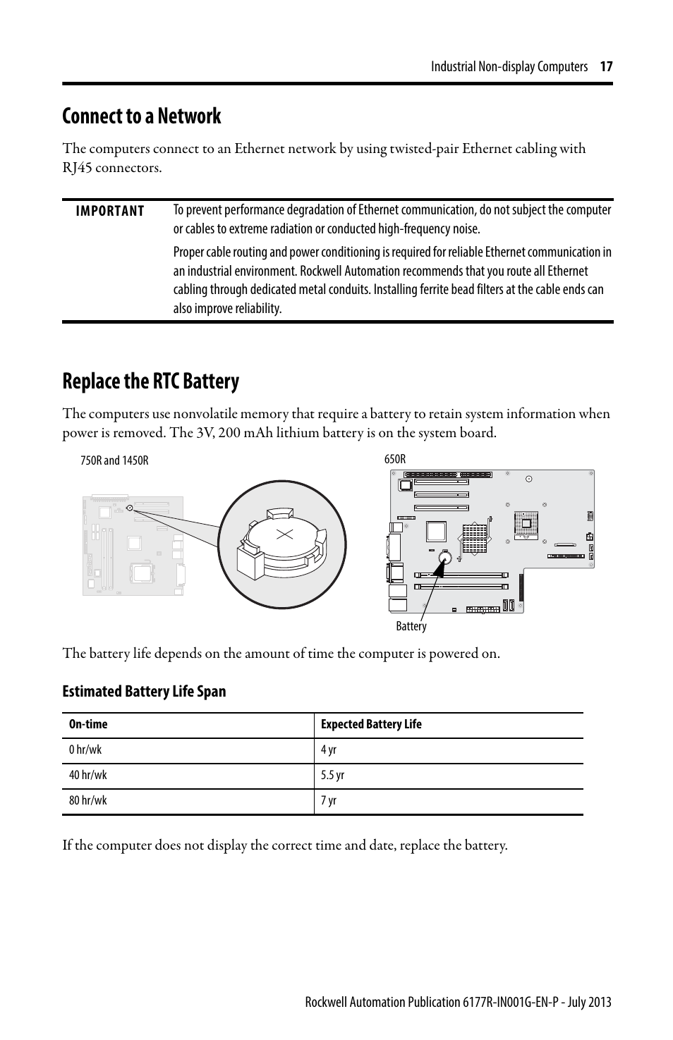 Connect to a network, Replace the rtc battery | Rockwell Automation 6177R-Mxxx Industrial Non-display Computers User Manual | Page 17 / 24