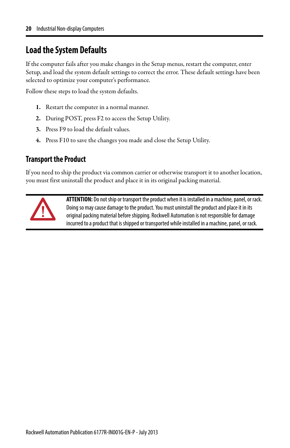 Load the system defaults, Transport the product | Rockwell Automation 6177R-Mxxx Industrial Non-display Computers User Manual | Page 20 / 24