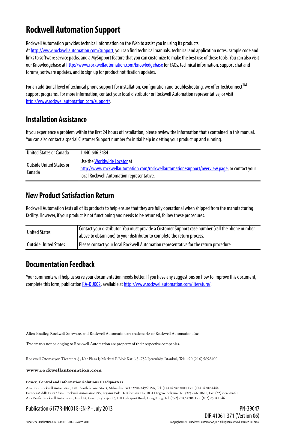 Back cover/rockwell support, Rockwell automation support, Installation assistance | New product satisfaction return, Documentation feedback | Rockwell Automation 6177R-Mxxx Industrial Non-display Computers User Manual | Page 24 / 24