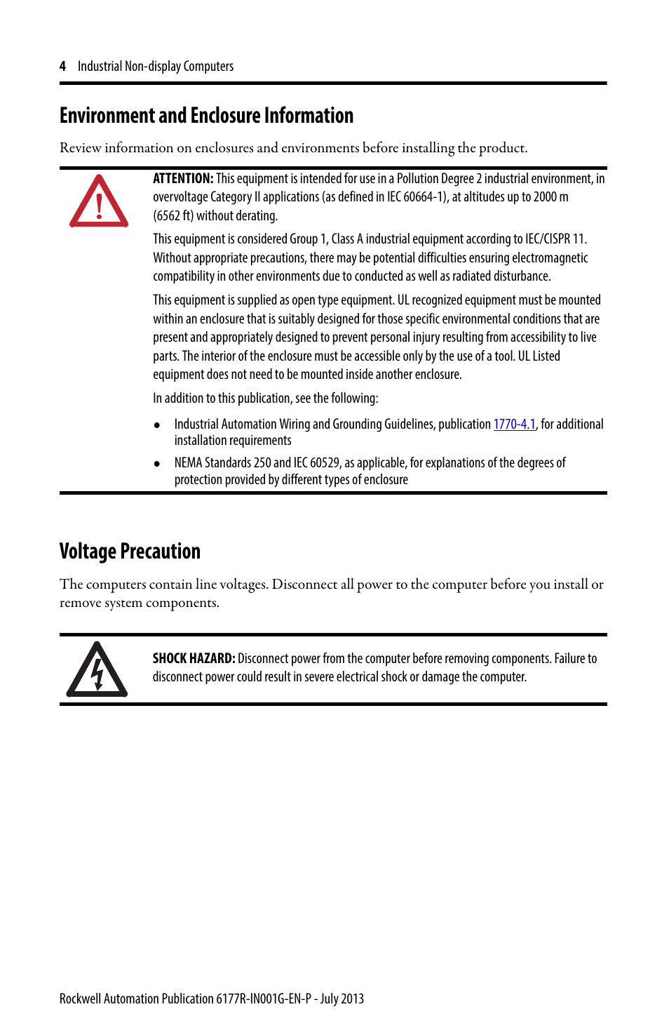 Environment and enclosure information, Voltage precaution | Rockwell Automation 6177R-Mxxx Industrial Non-display Computers User Manual | Page 4 / 24
