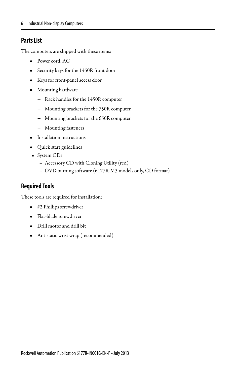 Parts list, Required tools | Rockwell Automation 6177R-Mxxx Industrial Non-display Computers User Manual | Page 6 / 24