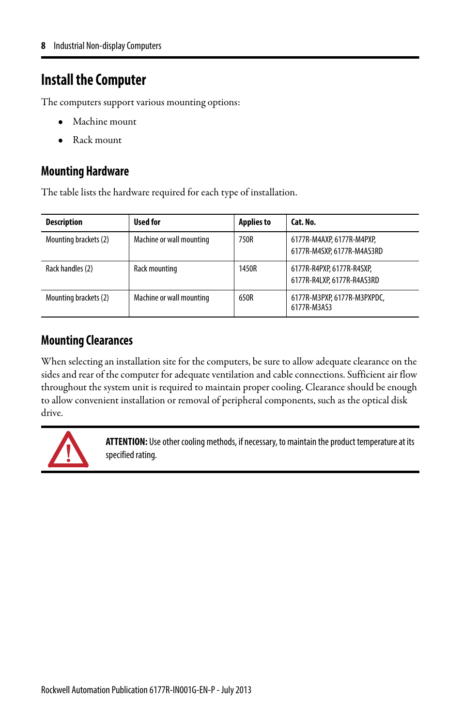 Install the computer, Mounting hardware, Mounting clearances | Rockwell Automation 6177R-Mxxx Industrial Non-display Computers User Manual | Page 8 / 24