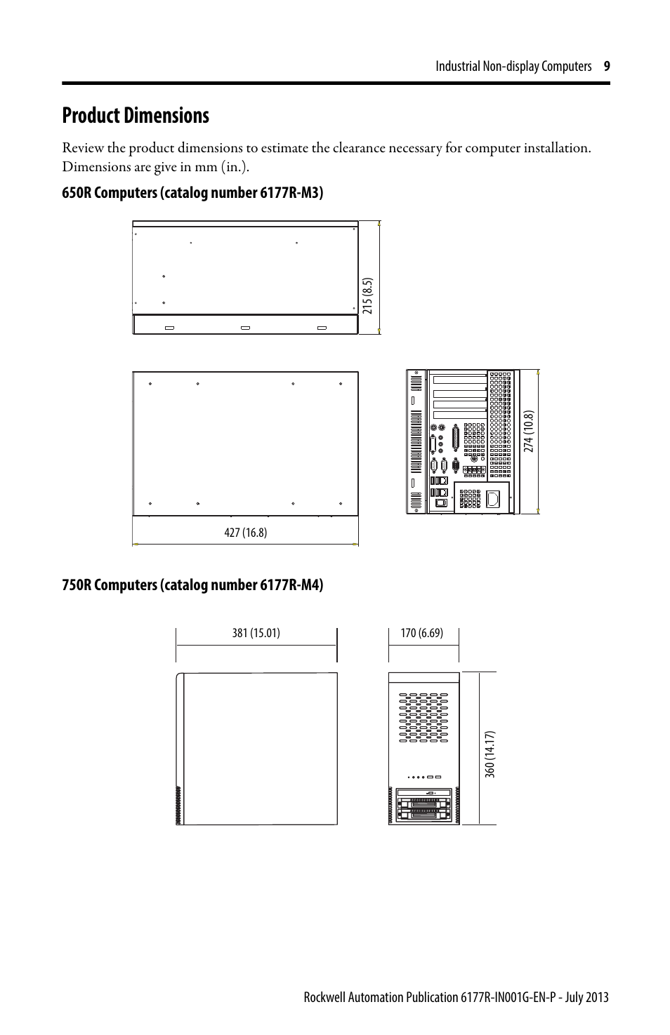 Product dimensions | Rockwell Automation 6177R-Mxxx Industrial Non-display Computers User Manual | Page 9 / 24