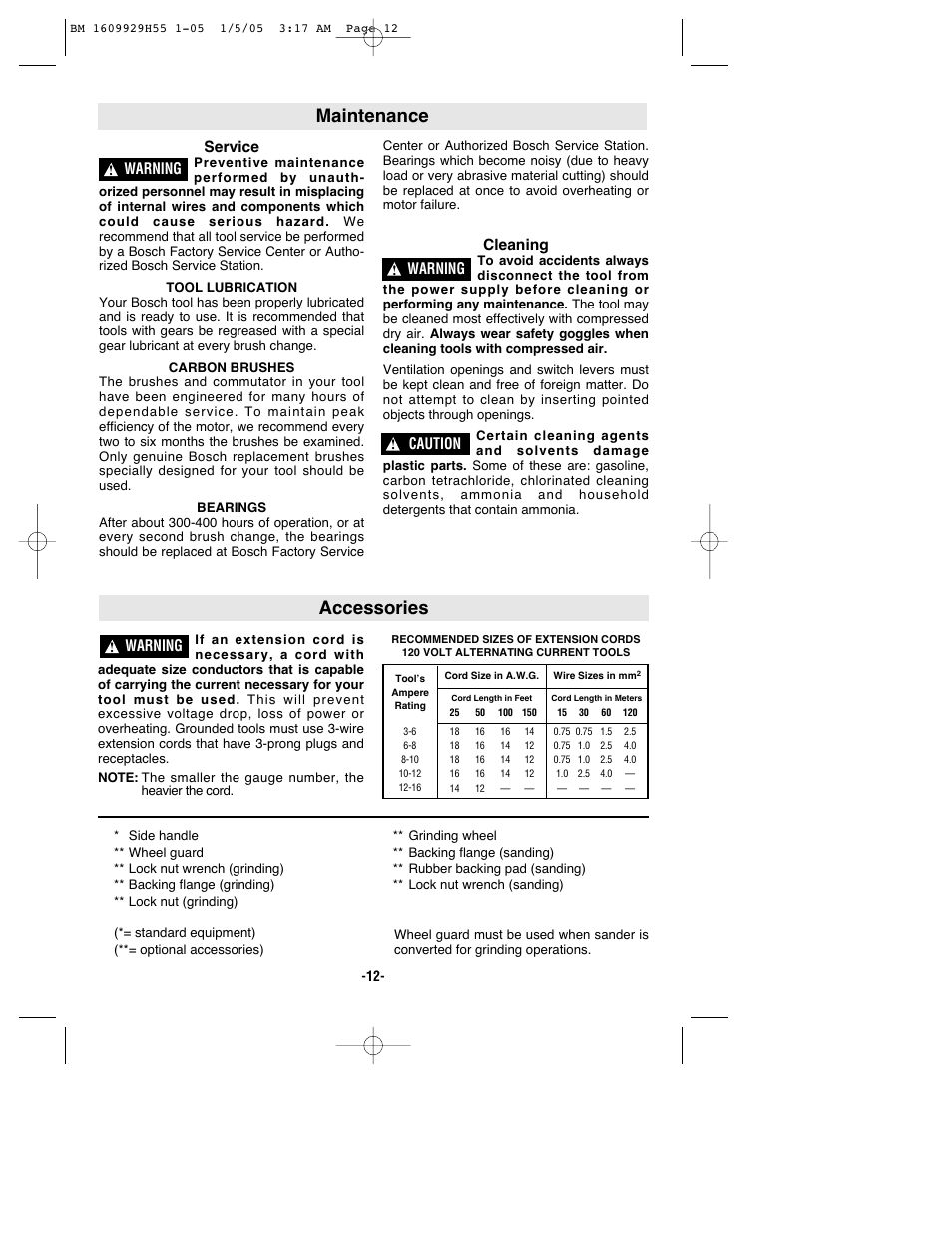 Accessories, Maintenance, Warning service | Cleaning, Warning, Caution | Bosch classixx 1853-5 User Manual | Page 12 / 36