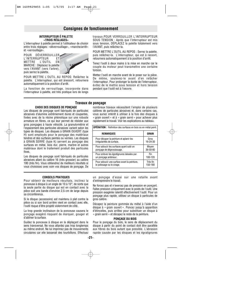 Consignes de fonctionnement, Travaux de ponçage | Bosch classixx 1853-5 User Manual | Page 21 / 36