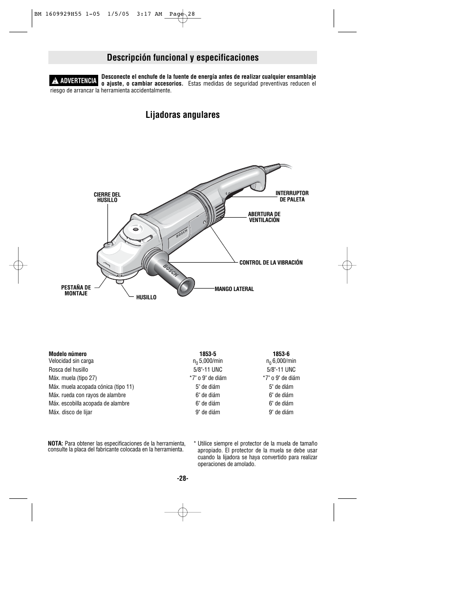 Descripción funcional y especificaciones, Lijadoras angulares | Bosch classixx 1853-5 User Manual | Page 28 / 36