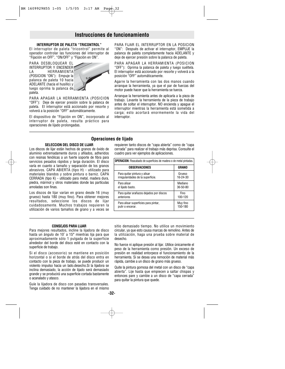 Instrucciones de funcionamiento, Operaciones de lijado | Bosch classixx 1853-5 User Manual | Page 32 / 36