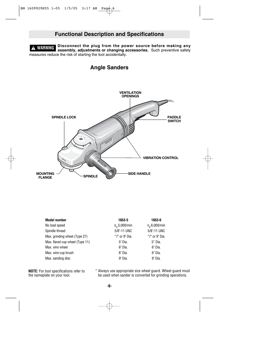 Functional description and specifications, Angle sanders | Bosch classixx 1853-5 User Manual | Page 6 / 36