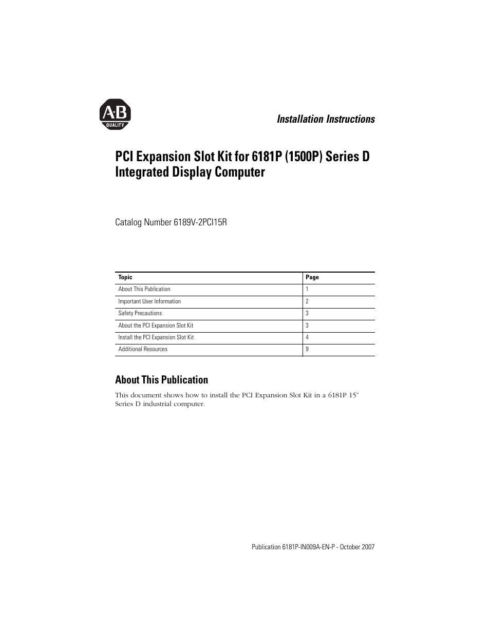Rockwell Automation 6189V-2PCI15R PCI Expansion Slot Kit 6181P Series D Integrated Display Computer User Manual | 12 pages