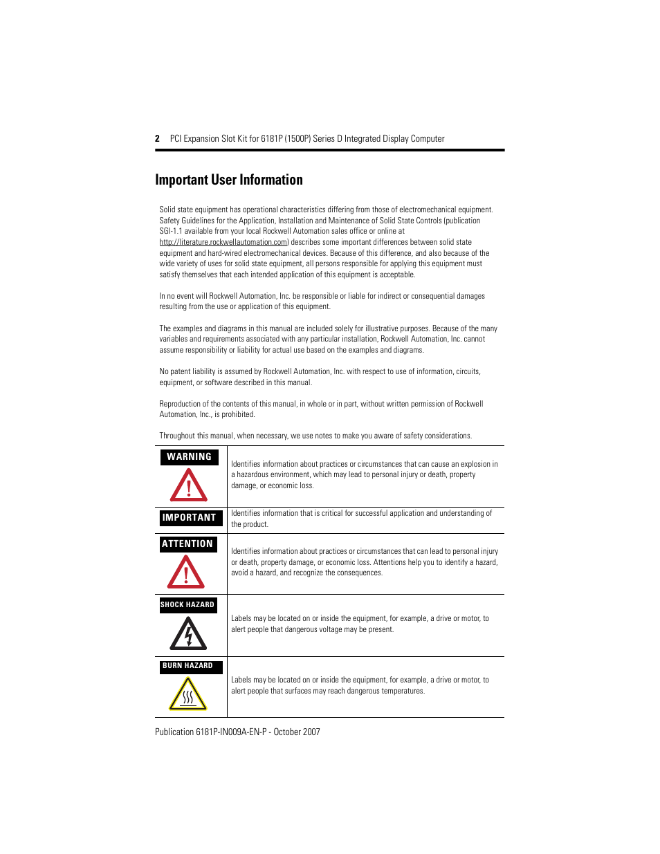 Important user information | Rockwell Automation 6189V-2PCI15R PCI Expansion Slot Kit 6181P Series D Integrated Display Computer User Manual | Page 2 / 12