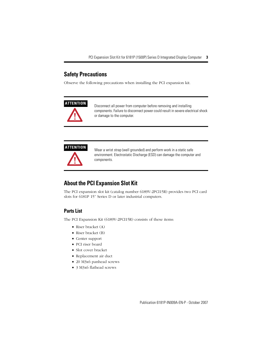 Safety precautions, About the pci expansion slot kit, Parts list | Rockwell Automation 6189V-2PCI15R PCI Expansion Slot Kit 6181P Series D Integrated Display Computer User Manual | Page 3 / 12