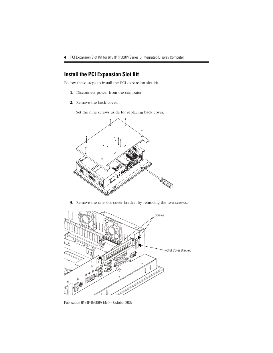 Install the pci expansion slot kit | Rockwell Automation 6189V-2PCI15R PCI Expansion Slot Kit 6181P Series D Integrated Display Computer User Manual | Page 4 / 12