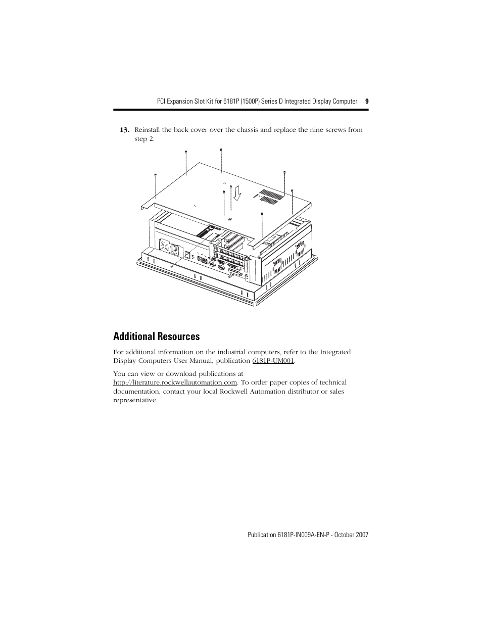 Additional resources | Rockwell Automation 6189V-2PCI15R PCI Expansion Slot Kit 6181P Series D Integrated Display Computer User Manual | Page 9 / 12