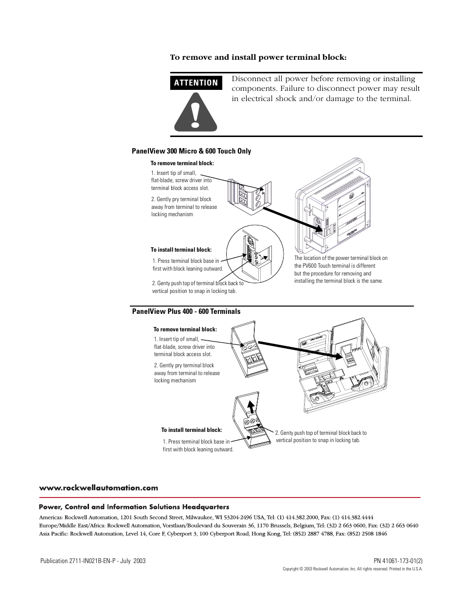 Rockwell Automation 2711P-RVAC Power Terminal Block for PanelView 300 Micro User Manual | Page 2 / 2