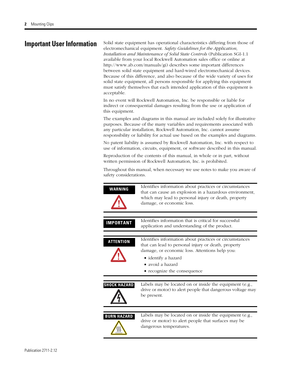 Important user information | Rockwell Automation 2711-NP1 Mounting Clips Installation Instructions User Manual | Page 2 / 8