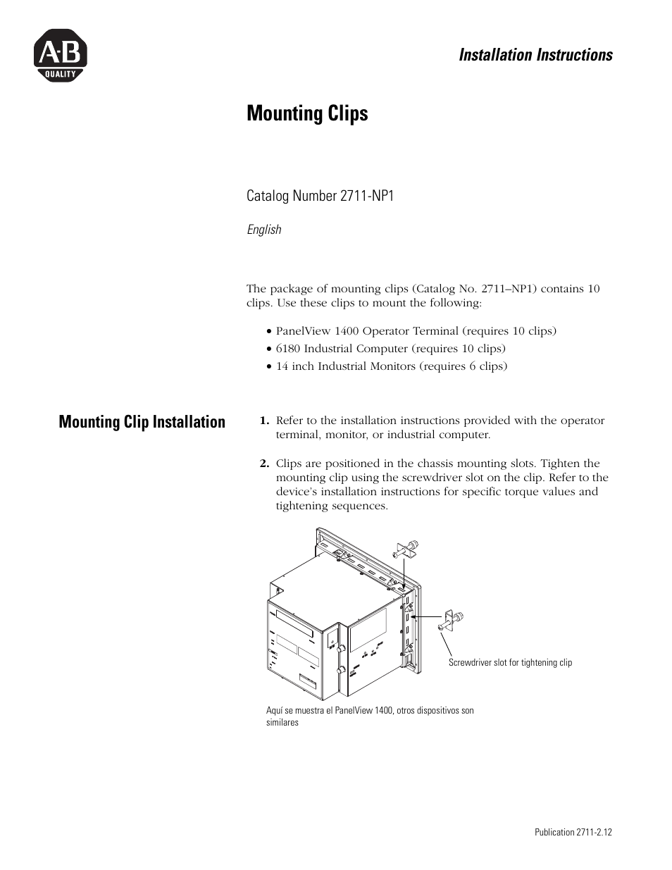 English, Mounting clip installation, Mounting clips | Installation instructions | Rockwell Automation 2711-NP1 Mounting Clips Installation Instructions User Manual | Page 3 / 8