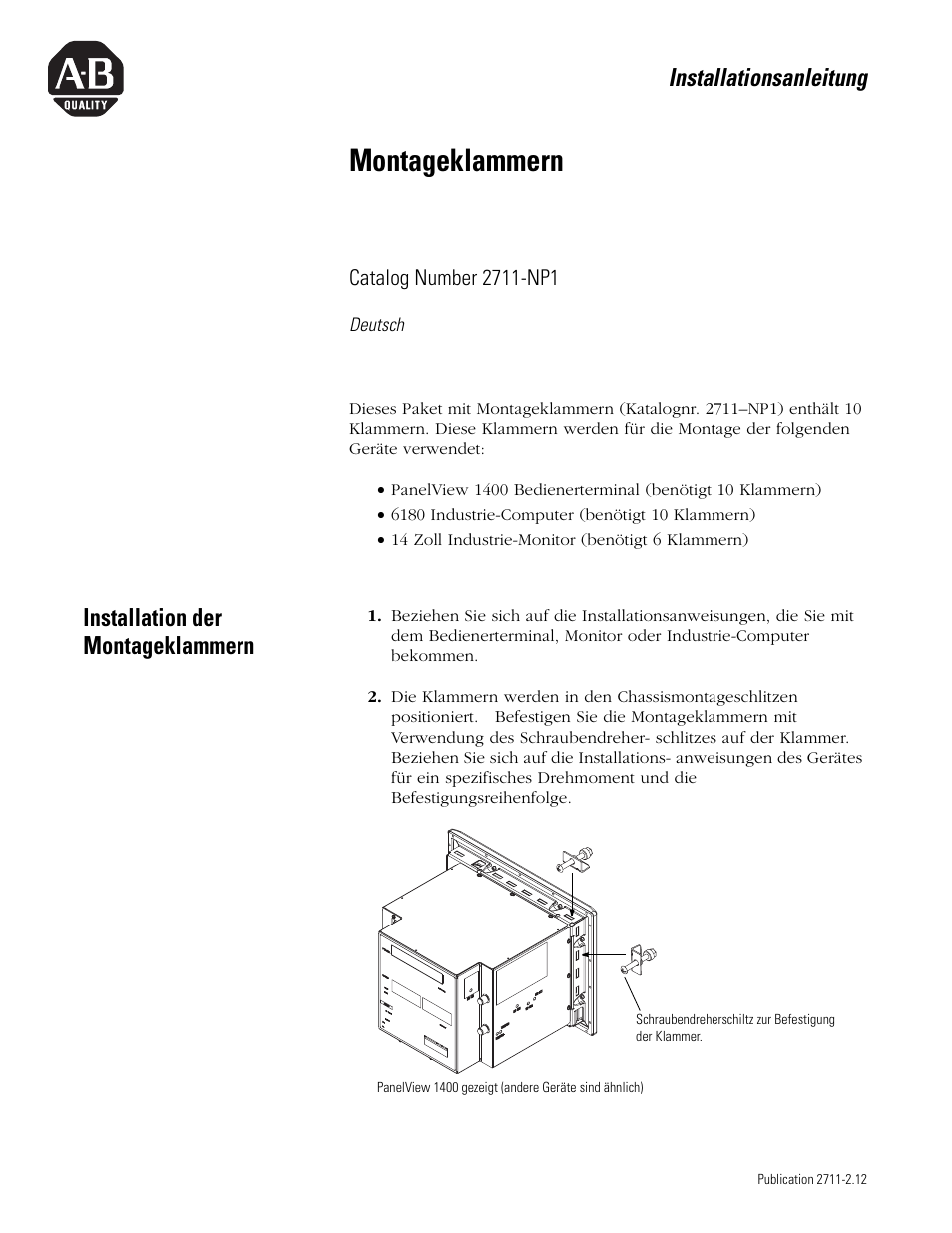 Deutsch, Installation der montageklammern, Montageklammern | Installationsanleitung | Rockwell Automation 2711-NP1 Mounting Clips Installation Instructions User Manual | Page 5 / 8