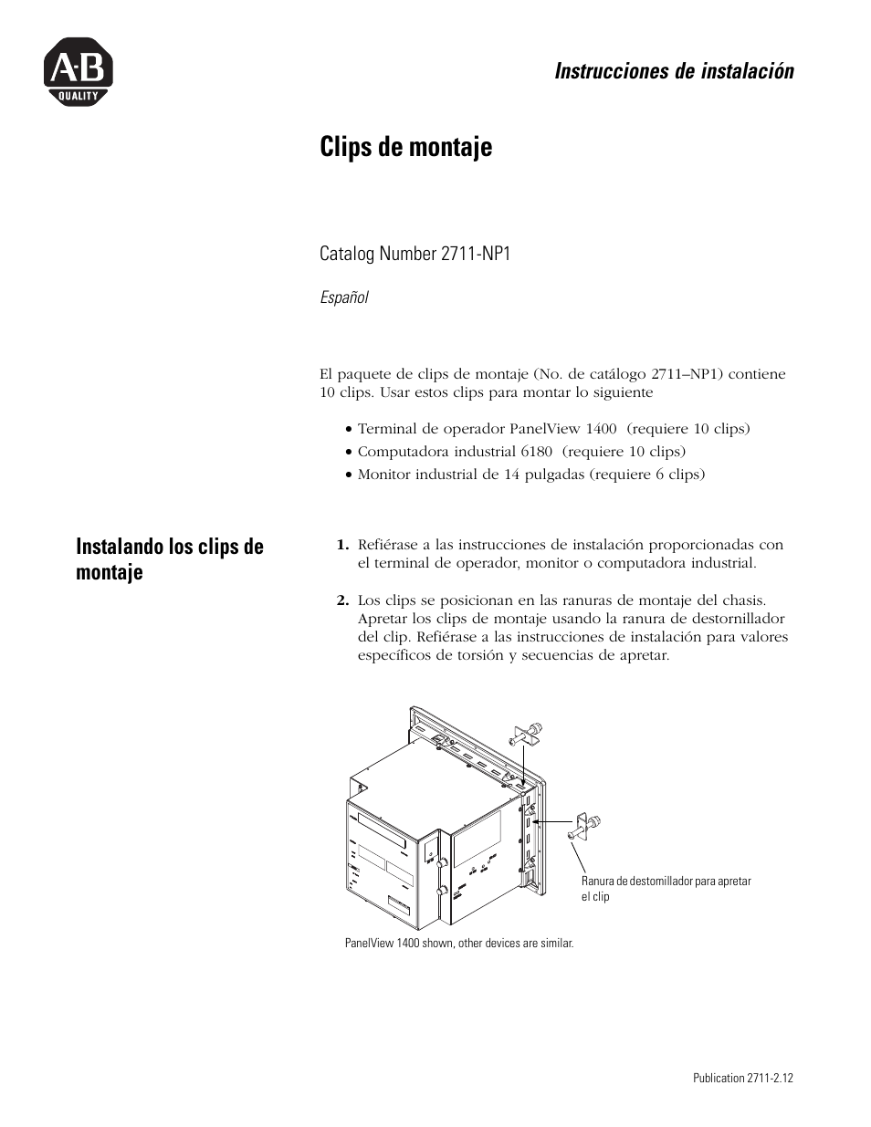 Español, Instalando los clips de montaje, Clips de montaje | Instrucciones de instalación | Rockwell Automation 2711-NP1 Mounting Clips Installation Instructions User Manual | Page 6 / 8