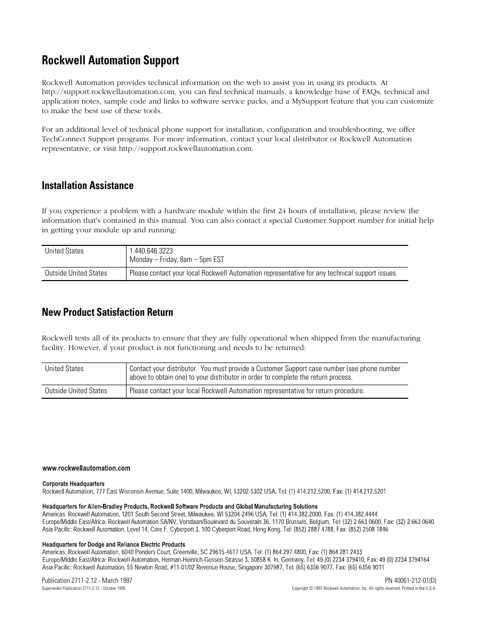Back cover, Rockwell automation support, Installation assistance | New product satisfaction return | Rockwell Automation 2711-NP1 Mounting Clips Installation Instructions User Manual | Page 8 / 8