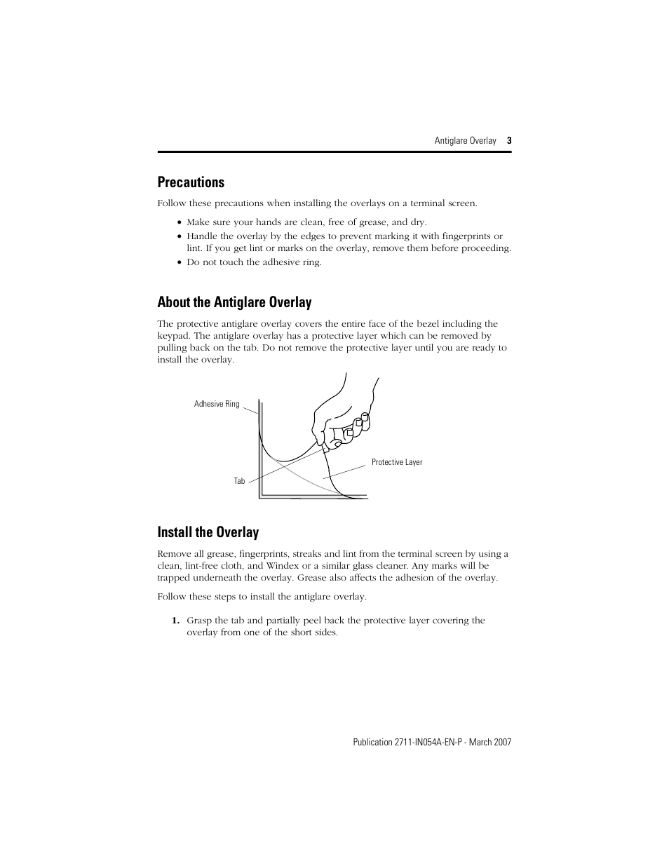 Precautions, About the antiglare overlay, Install the overlay | Rockwell Automation 2711C-NVxx Antiglare Overlay User Manual | Page 3 / 4