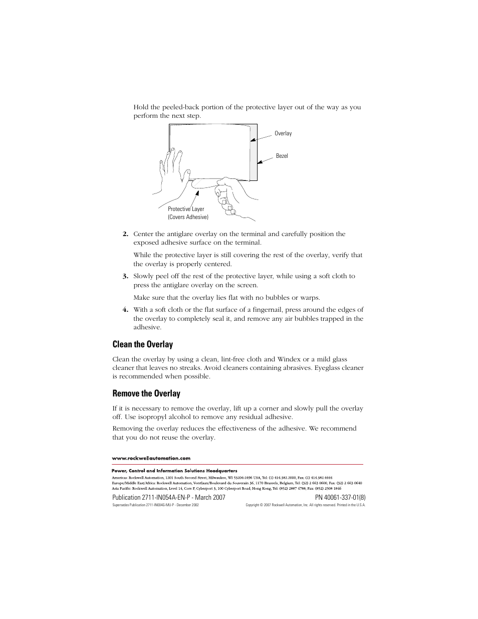 Clean the overlay, Remove the overlay, Back cover | Rockwell Automation 2711C-NVxx Antiglare Overlay User Manual | Page 4 / 4