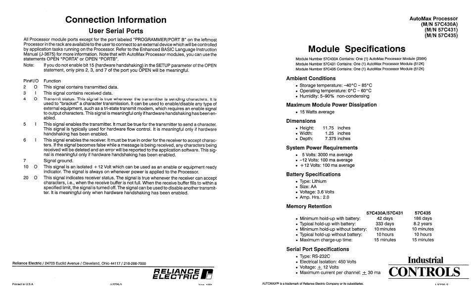 Rockwell Automation 57C431 Processor, AutoMax User Manual | 4 pages