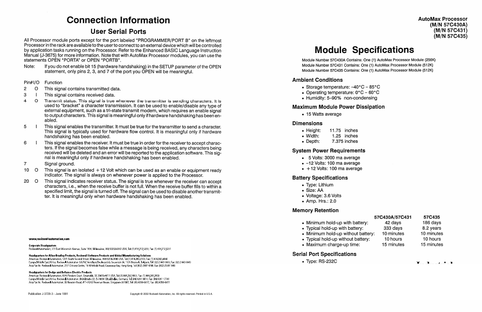 User serial ports, Back cover | Rockwell Automation 57C431 Processor, AutoMax User Manual | Page 4 / 4