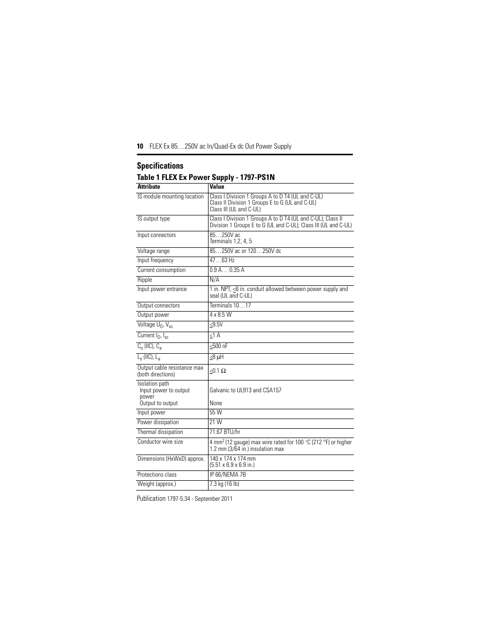 Specifications, Flex ex power supply - 1797-ps1n | Rockwell Automation 1797-PS1N FLEX Ex 85-250V AC In/Quad-Ex DC Out Power Supply User Manual | Page 10 / 20