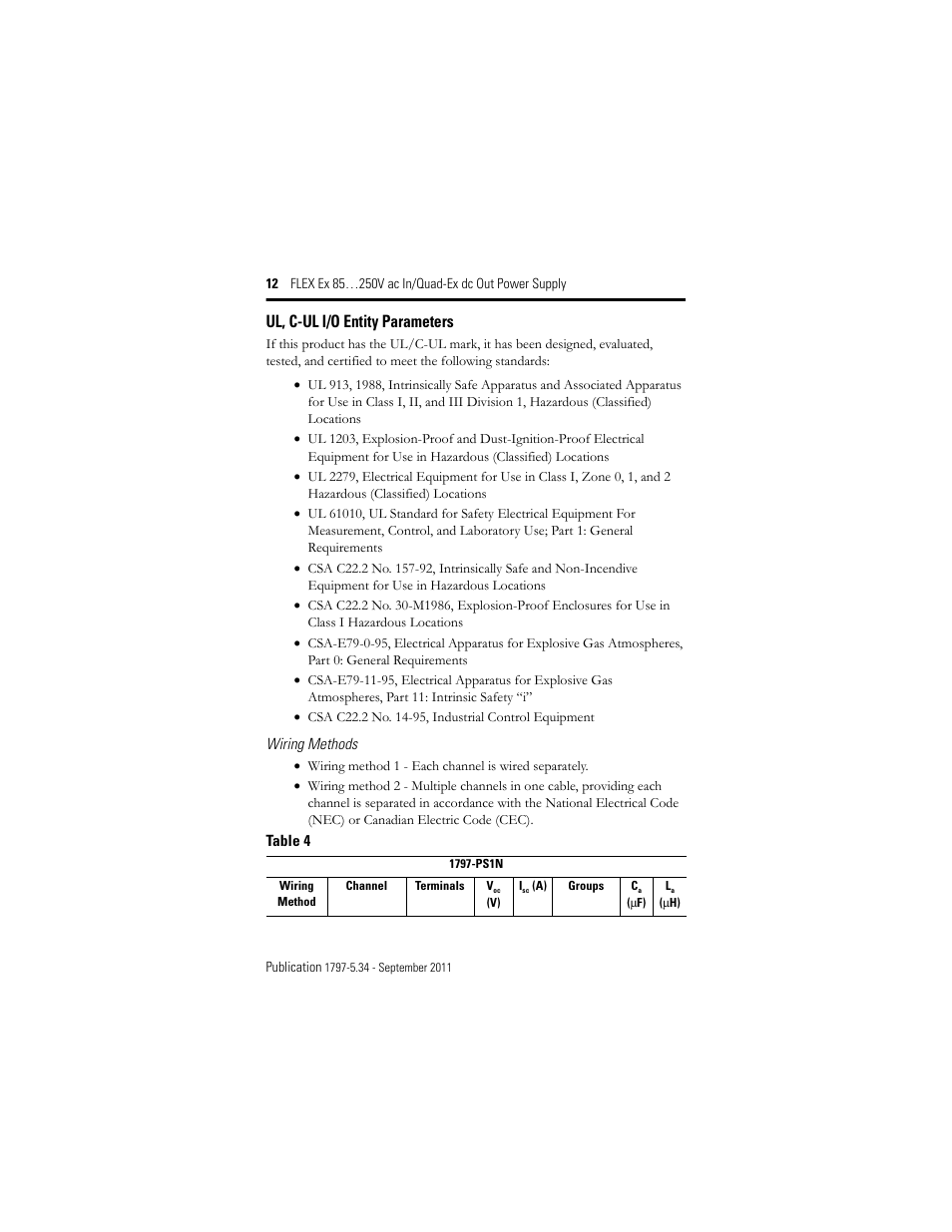 Ul, c-ul i/o entity parameters | Rockwell Automation 1797-PS1N FLEX Ex 85-250V AC In/Quad-Ex DC Out Power Supply User Manual | Page 12 / 20