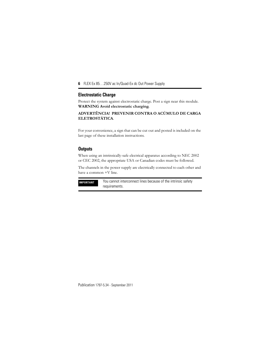 Electrostatic charge, Outputs | Rockwell Automation 1797-PS1N FLEX Ex 85-250V AC In/Quad-Ex DC Out Power Supply User Manual | Page 6 / 20