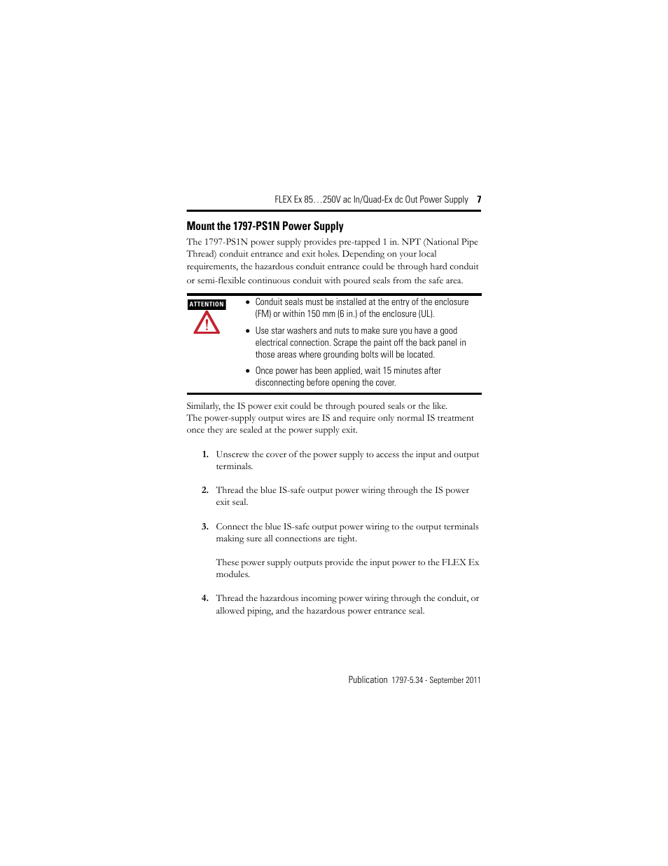 Mount the 1797-ps1n power supply | Rockwell Automation 1797-PS1N FLEX Ex 85-250V AC In/Quad-Ex DC Out Power Supply User Manual | Page 7 / 20