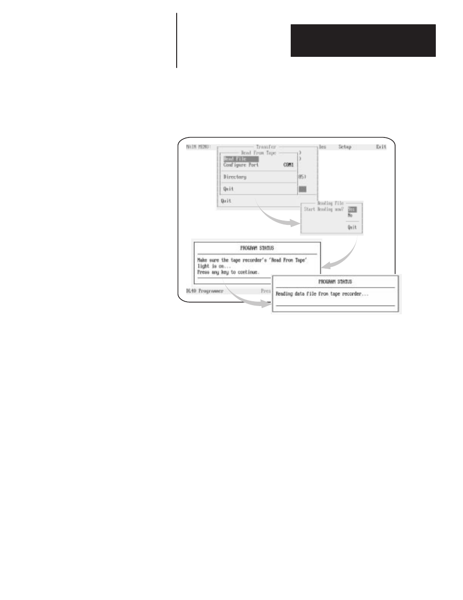 Reading a file from tape | Rockwell Automation 2706-ND1 DL40 OFFLINE PROGRAMMING SFTWR.USER MANUAL User Manual | Page 111 / 139