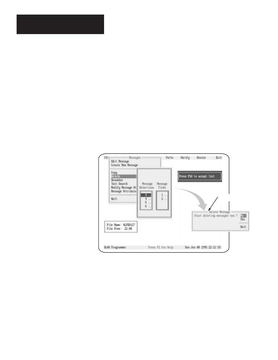 Delete (message) screen | Rockwell Automation 2706-ND1 DL40 OFFLINE PROGRAMMING SFTWR.USER MANUAL User Manual | Page 63 / 139