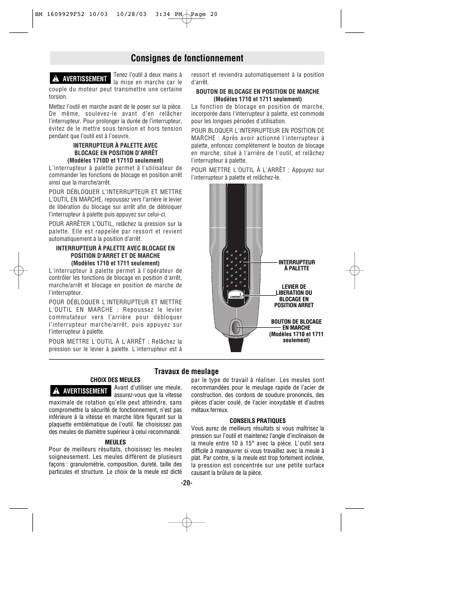Consignes de fonctionnement | Bosch 1710D User Manual | Page 20 / 36
