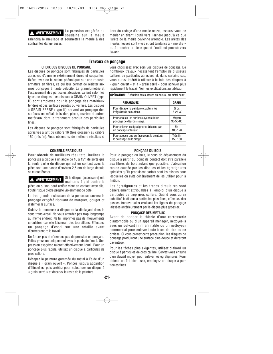 Travaux de ponçage | Bosch 1710D User Manual | Page 21 / 36
