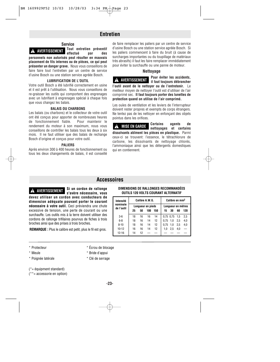 Entretien, Accessoires | Bosch 1710D User Manual | Page 23 / 36