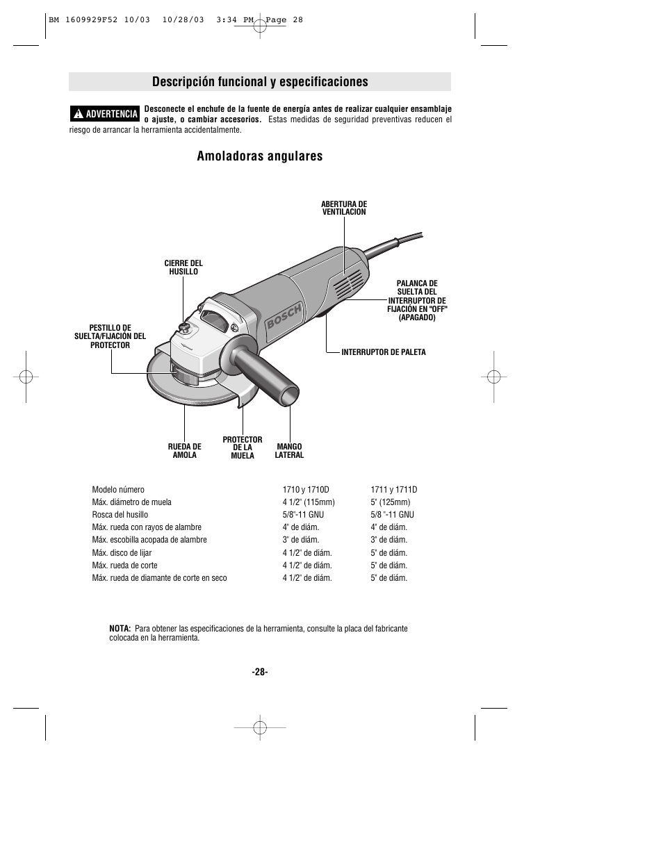 Descripción funcional y especificaciones, Amoladoras angulares | Bosch 1710D User Manual | Page 28 / 36