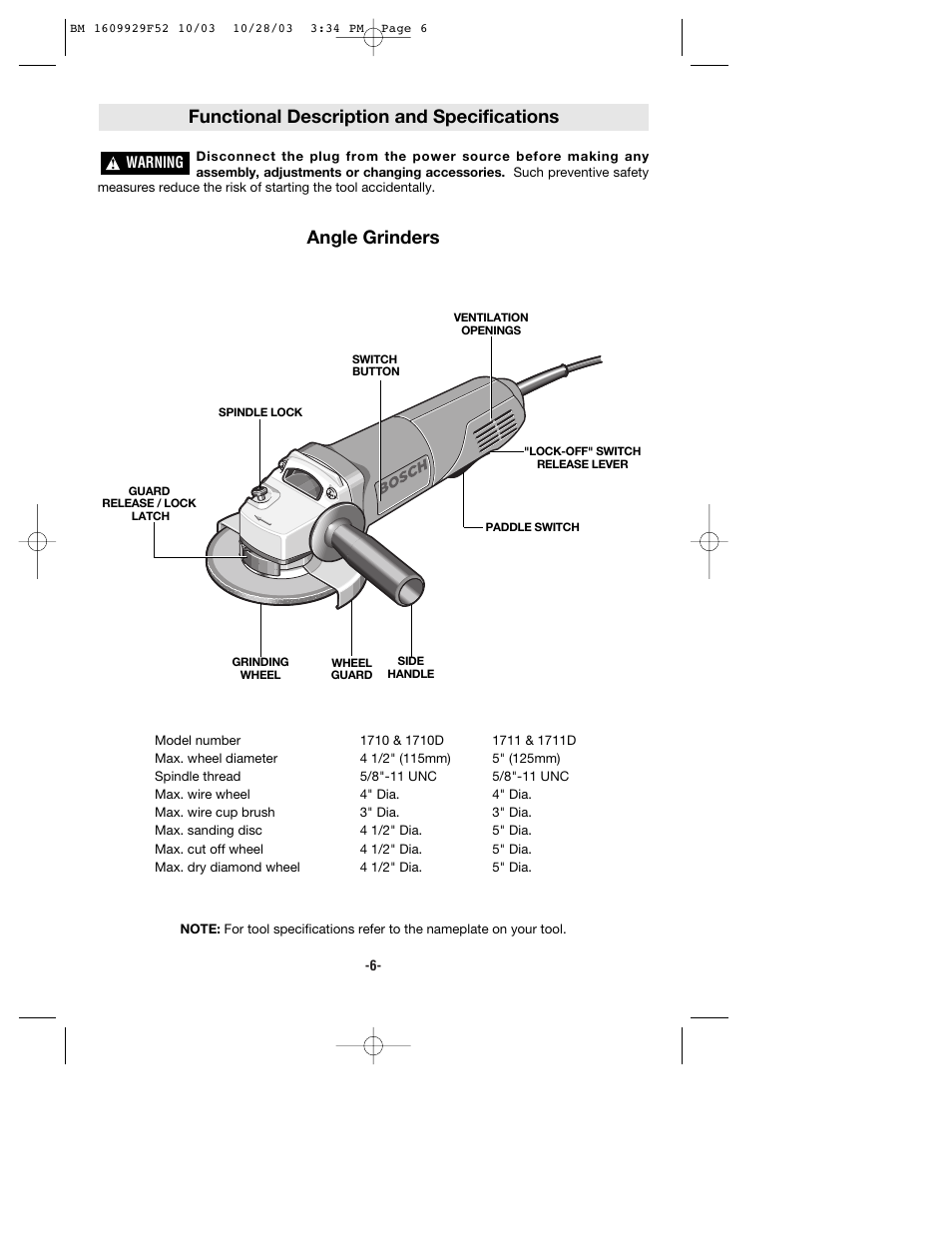 Functional description and specifications, Angle grinders | Bosch 1710D User Manual | Page 6 / 36