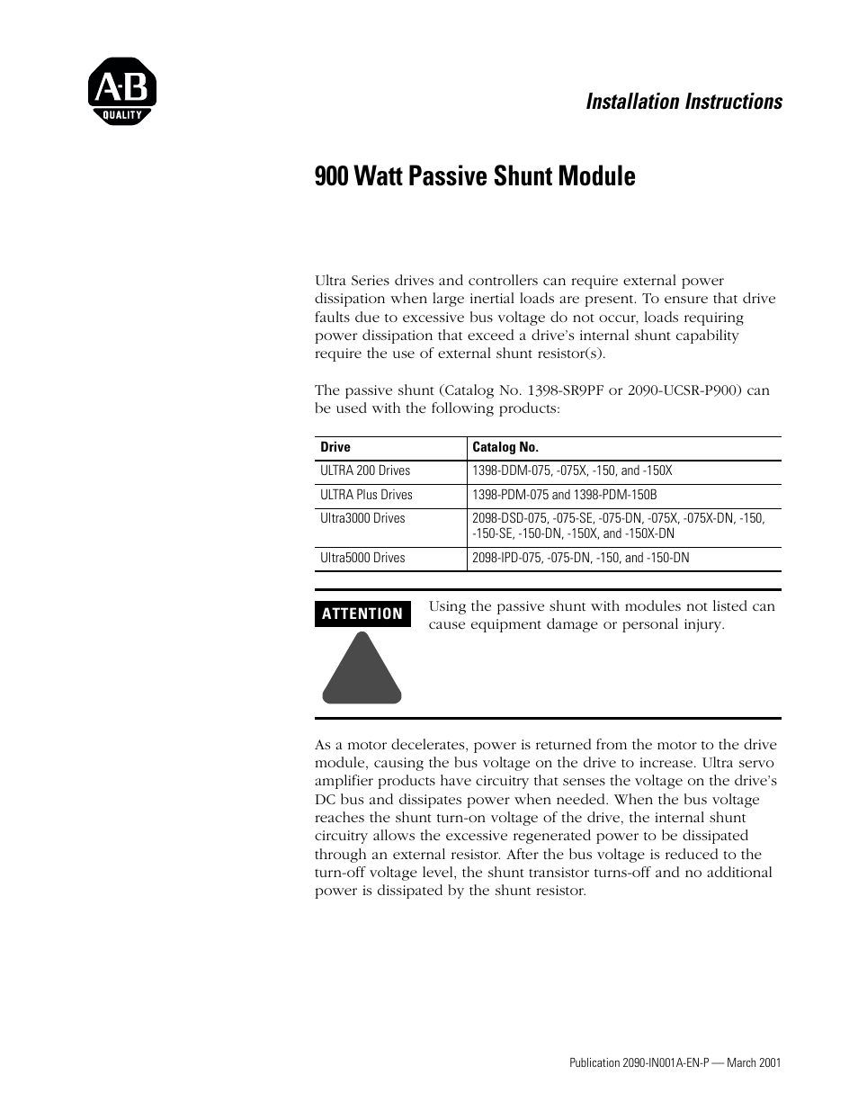 Rockwell Automation 2090-UCSR-P900 900 Watt Passive Shunt Module Installation User Manual | 12 pages