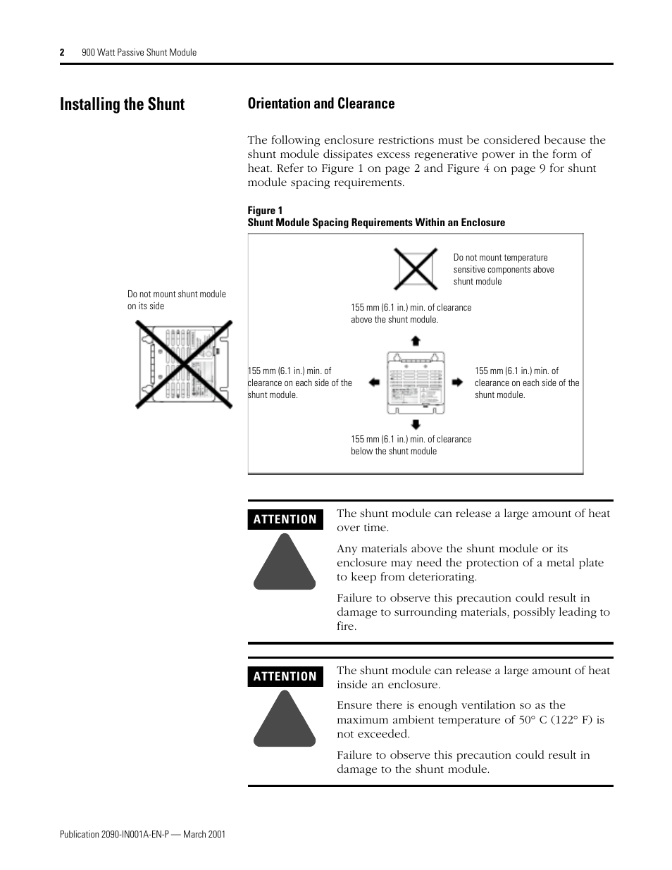 Installing the shunt, Orientation and clearance | Rockwell Automation 2090-UCSR-P900 900 Watt Passive Shunt Module Installation User Manual | Page 2 / 12