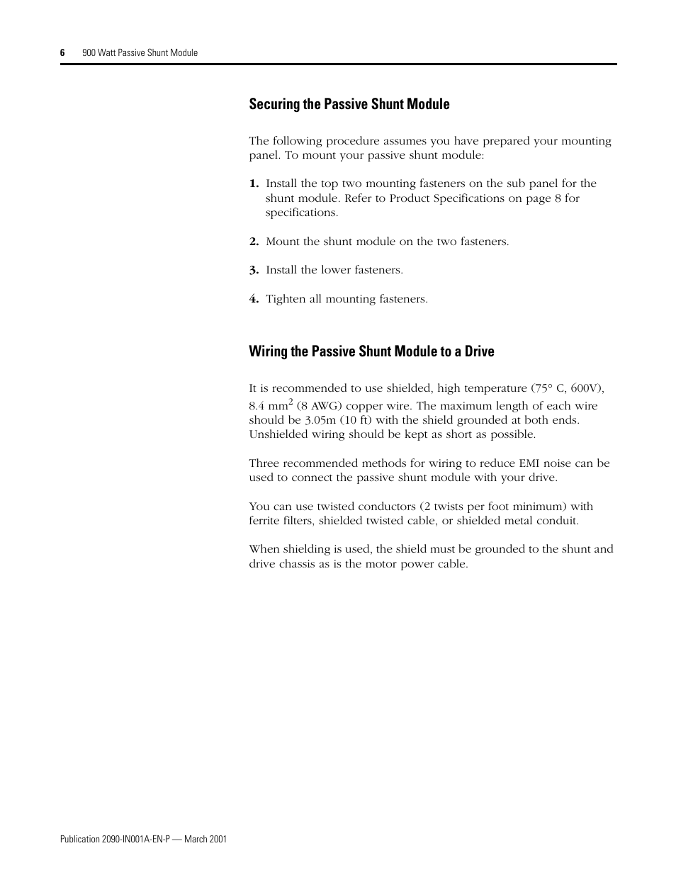 Securing the passive shunt module, Wiring the passive shunt module to a drive | Rockwell Automation 2090-UCSR-P900 900 Watt Passive Shunt Module Installation User Manual | Page 6 / 12