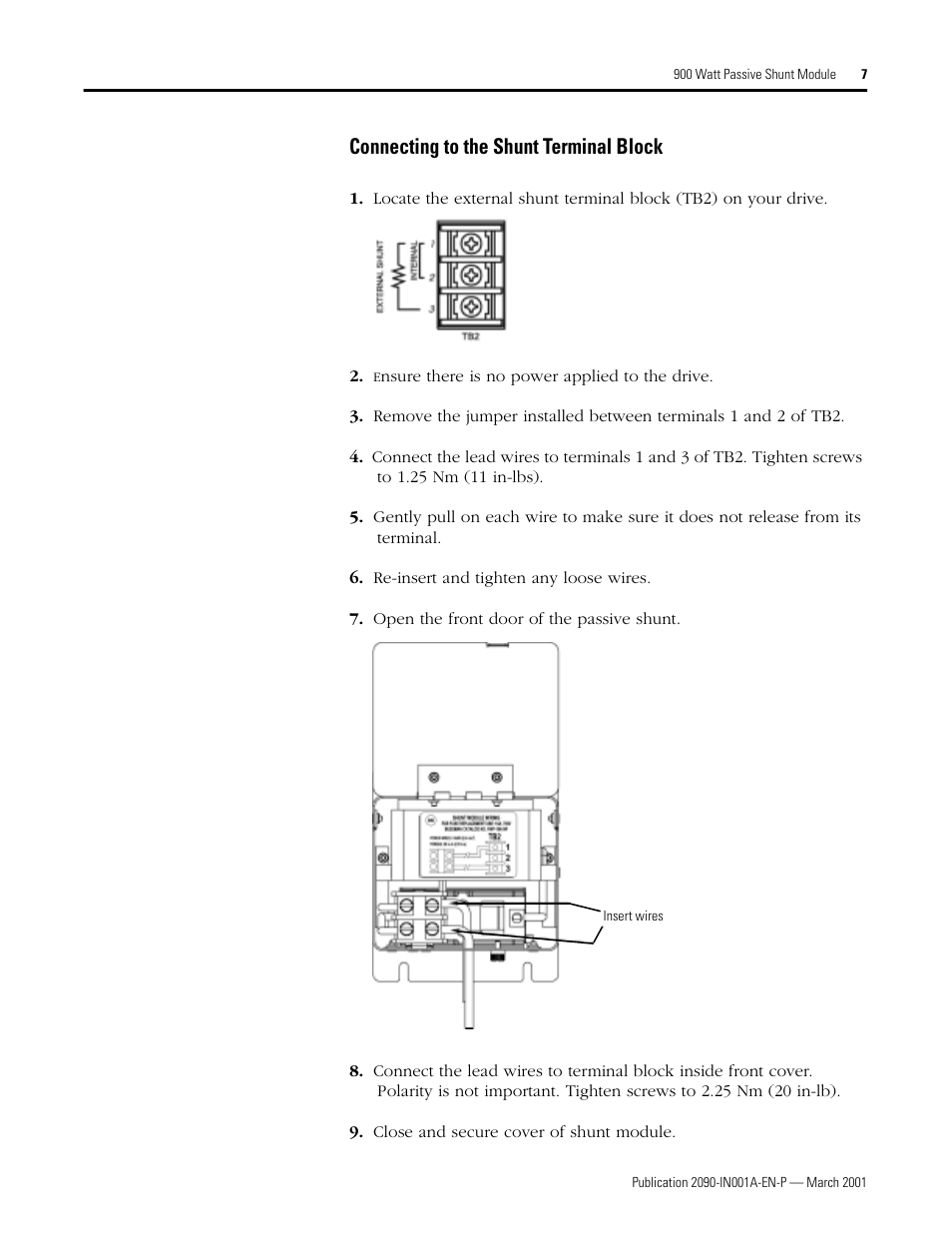 Connecting to the shunt terminal block | Rockwell Automation 2090-UCSR-P900 900 Watt Passive Shunt Module Installation User Manual | Page 7 / 12