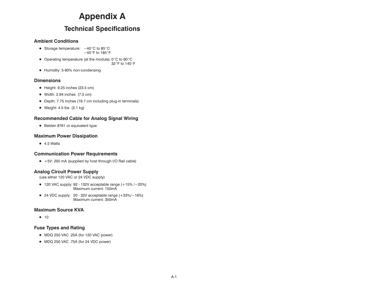 A technical specifications, Appendix a, Technical specifications | Rockwell Automation 61C365 4 Output 4-20mA Analog Rail User Manual | Page 37 / 46