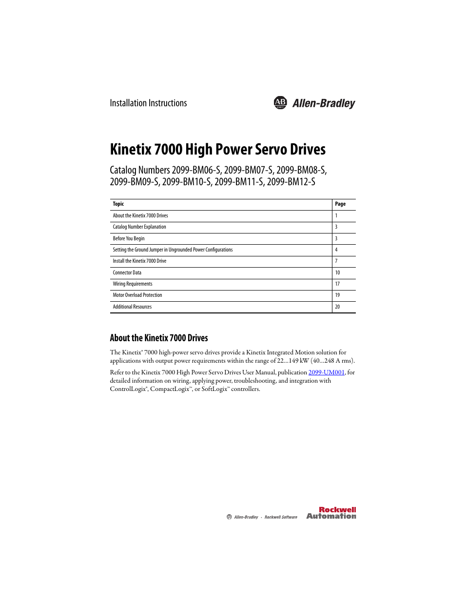 Rockwell Automation 2099-BMxxx Kinetix 7000 High Power Servo Drive Installation Instructions User Manual | 20 pages