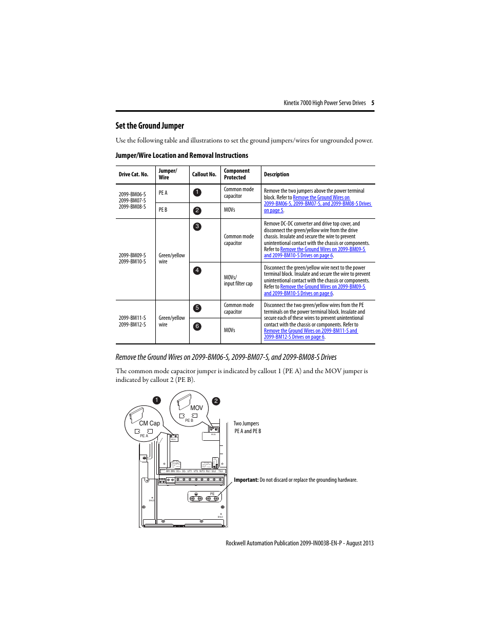Set the ground jumper, Jumper/wire location and removal instructions | Rockwell Automation 2099-BMxxx Kinetix 7000 High Power Servo Drive Installation Instructions User Manual | Page 5 / 20